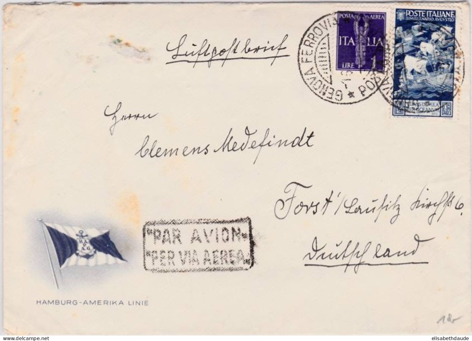 ITALIE - 1938 - ENVELOPPE MARITIME De La "HAMBURG-AMERIKA LINIE" VOYAGEE Par AVION De GENOVA Pour FORST (GERMANY) - Marcophilie (Avions)