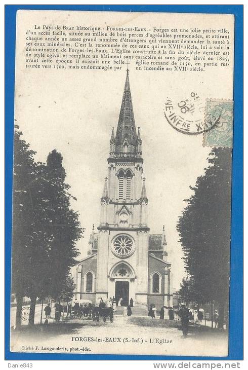 CPA - SEINE MARITIME - FORGES LES EAUX - L´EGLISE - Animation, Sortie De Messe, Petits Attelages - F. LARIGAUDERIE - Forges Les Eaux