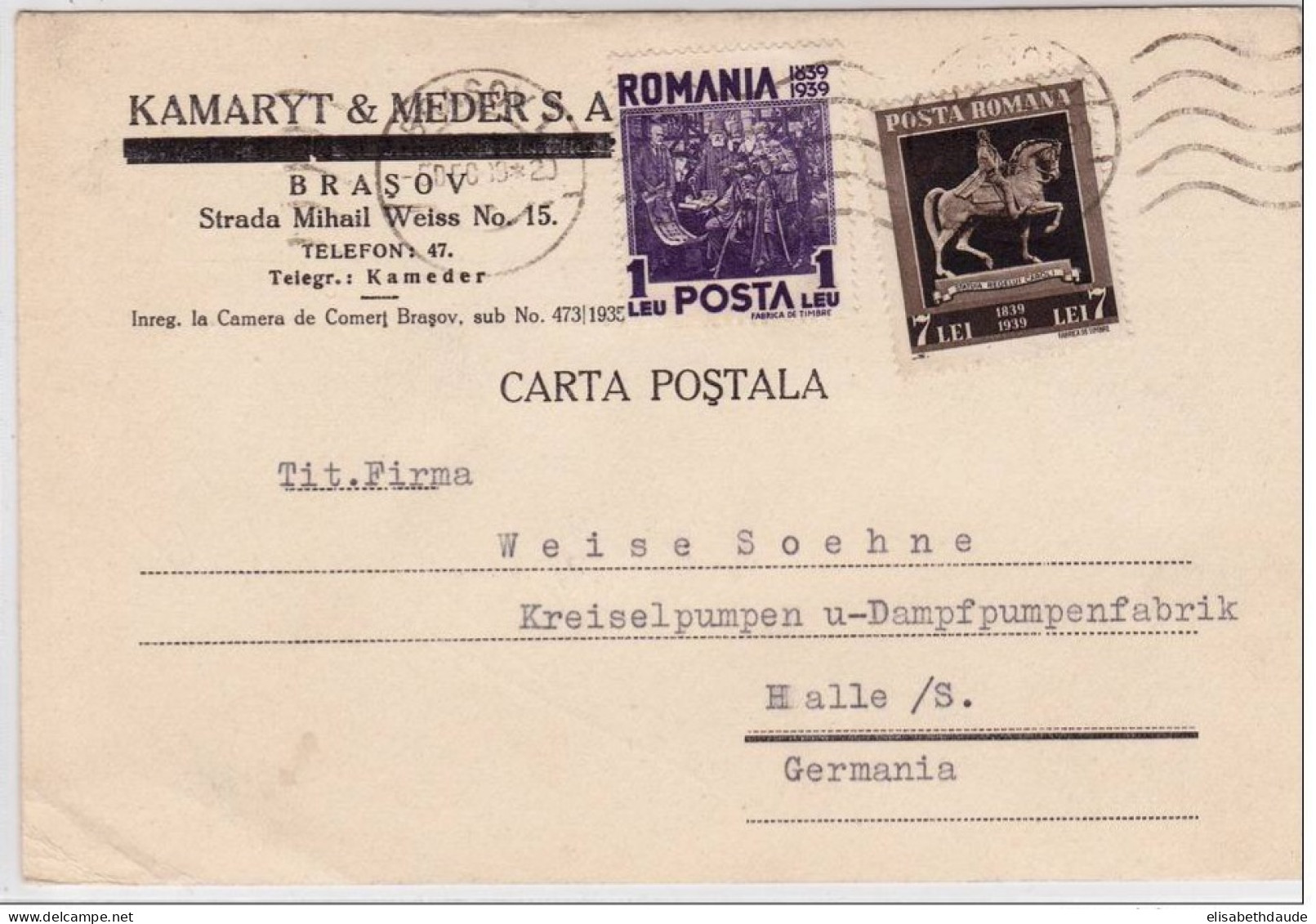 ROUMANIE - 1939 - CARTE POSTALE COMMERCIALE De BRASOV Pour HALLE (GERMANY) - Lettres & Documents