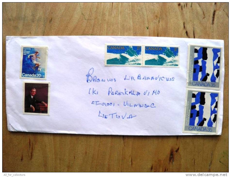 Cover Sent From Can To Lithuania, Painting Of Borduas, Canoe-Kayak, Soccer Football, Olympic Games Montreal 1976 - Enveloppes Commémoratives