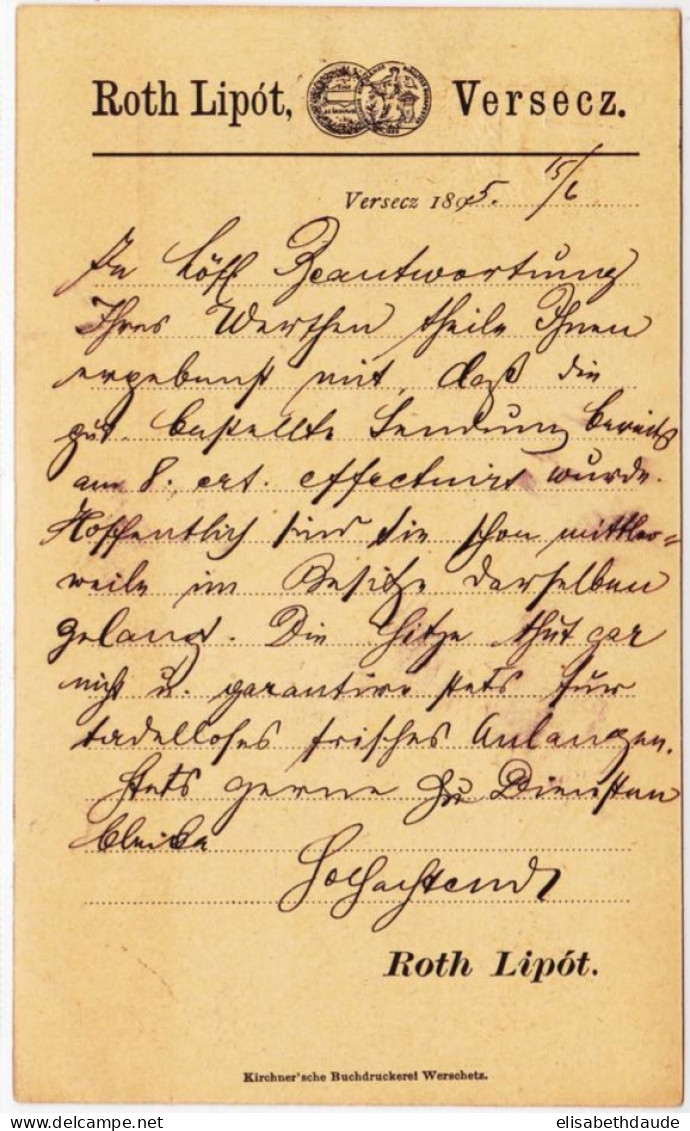 HUNGARY - 1895 - CARTE POSTALE ENTIER Avec REPIQUAGE PRIVE De VERSECZ Pour BADENWEILER - Postwaardestukken