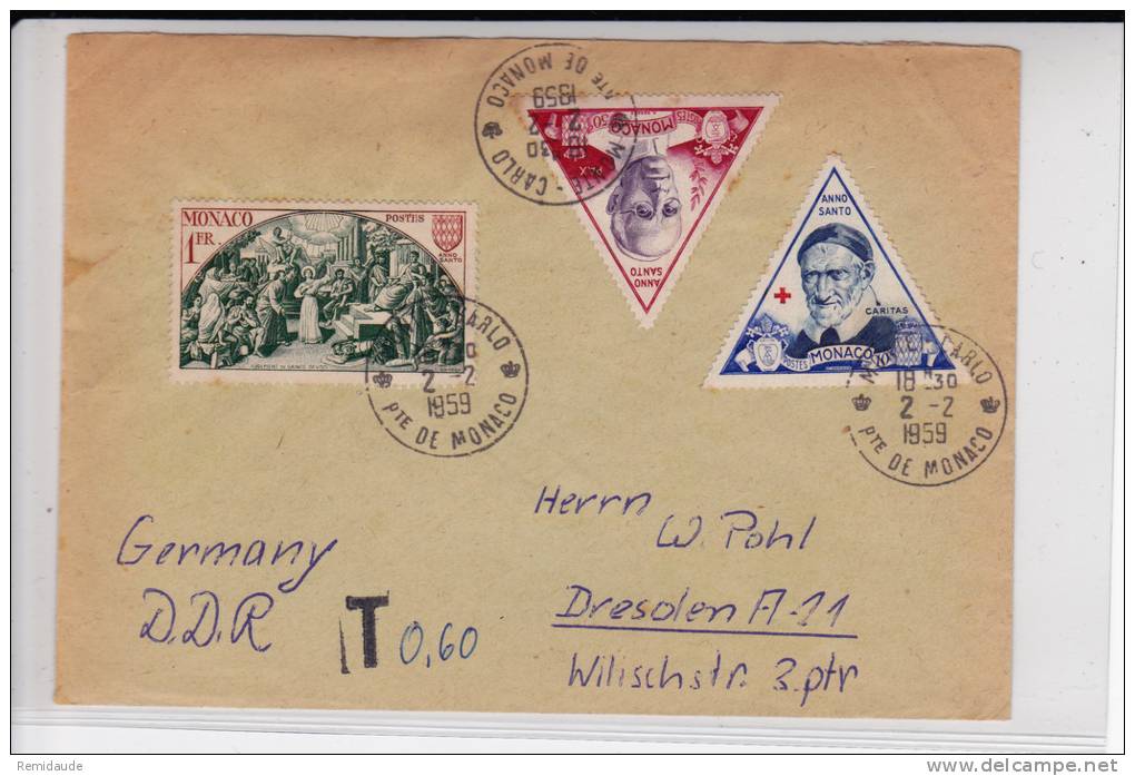 MONACO - 1959 - ENVELOPPE Avec TAXE De 0.6 Pour DRESDEN (DDR) - Postmarks