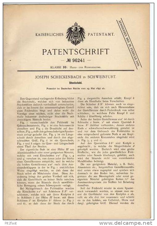 Original Patentschrift - J. Scheckenbach In Schweinfurt , 1897 , Stockstuhl , Stuhl !!! - Sonstige & Ohne Zuordnung