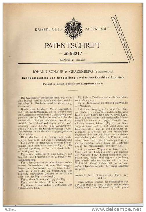 Original Patentschrift - J. Schaub In Gradenberg B. Köflach , Steiermark , 1896, Schrämmaschine , Bergbau , Bergwerk  !! - Tools