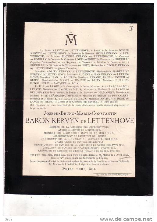 BRUGES BRUGGE Joseph-Bruno KERVYN De LETTENHOVE Ancien Député Ministre D´Etat 1817-1891 Doodsbrief - Décès