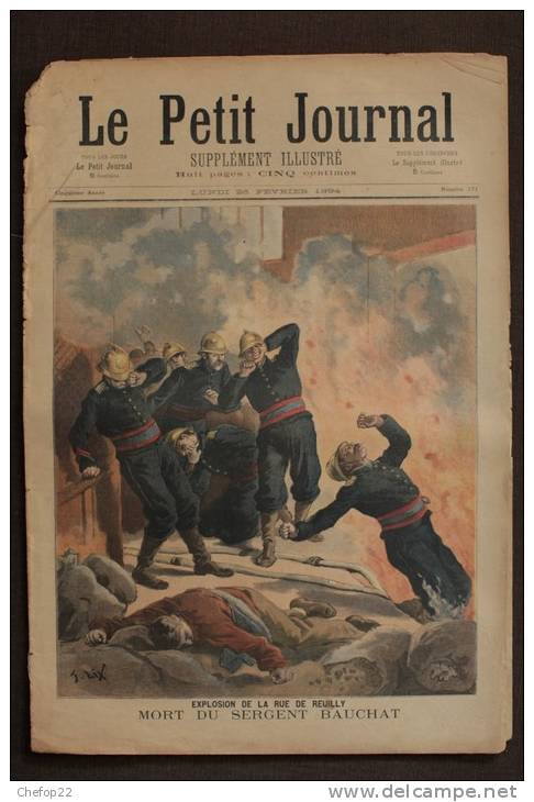 Le Petit Journal Suppl. Illustré - 26 Février 1894 - N°171-  Explosion Rue De Reuilly, Bauchat, Bombe Café Terminus - 1850 - 1899