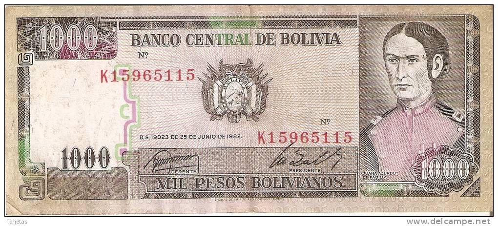 BILLETE DE BOLIVIA DE 1000 PESOS  DEL AÑO 1982 SERIE K    (BANKNOTE-BANK NOTE) - Bolivia