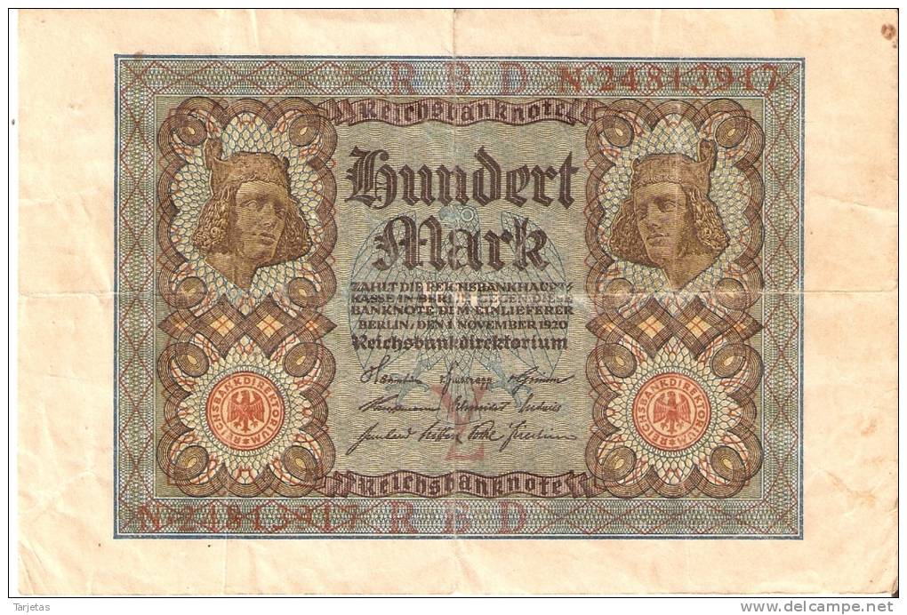 BILLETE DE ALEMANIA DE 100 MARCOS DEL AÑO 1920 (BANKNOTE-BANK NOTE) - 100 Mark