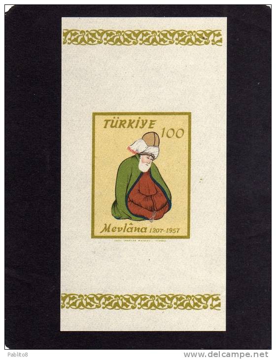 TURCHIA - TURKÍA - TURKEY 1957 SOUVENIR SHEET FOR THE 750TH BIRTH ANNIVERSARY OF MEVLANA MNH - Blocks & Kleinbögen