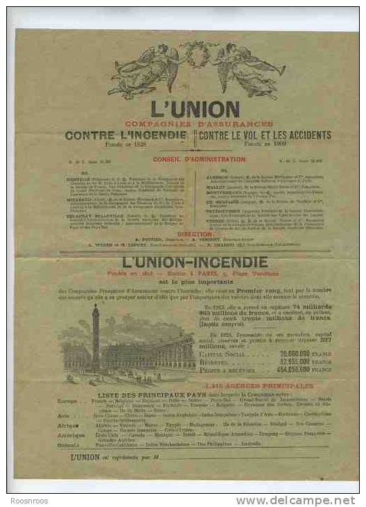 PUBLICITE L'UNION - ASSURANCES  CONTRE L'INCENDIE - PARIS 1924 - Bank & Insurance