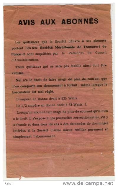 Quittance Abonnement  Electricité 1942 Société Méridionale De Transport De Force Aude Avec Timbre Fiscal BE - Elettricità & Gas