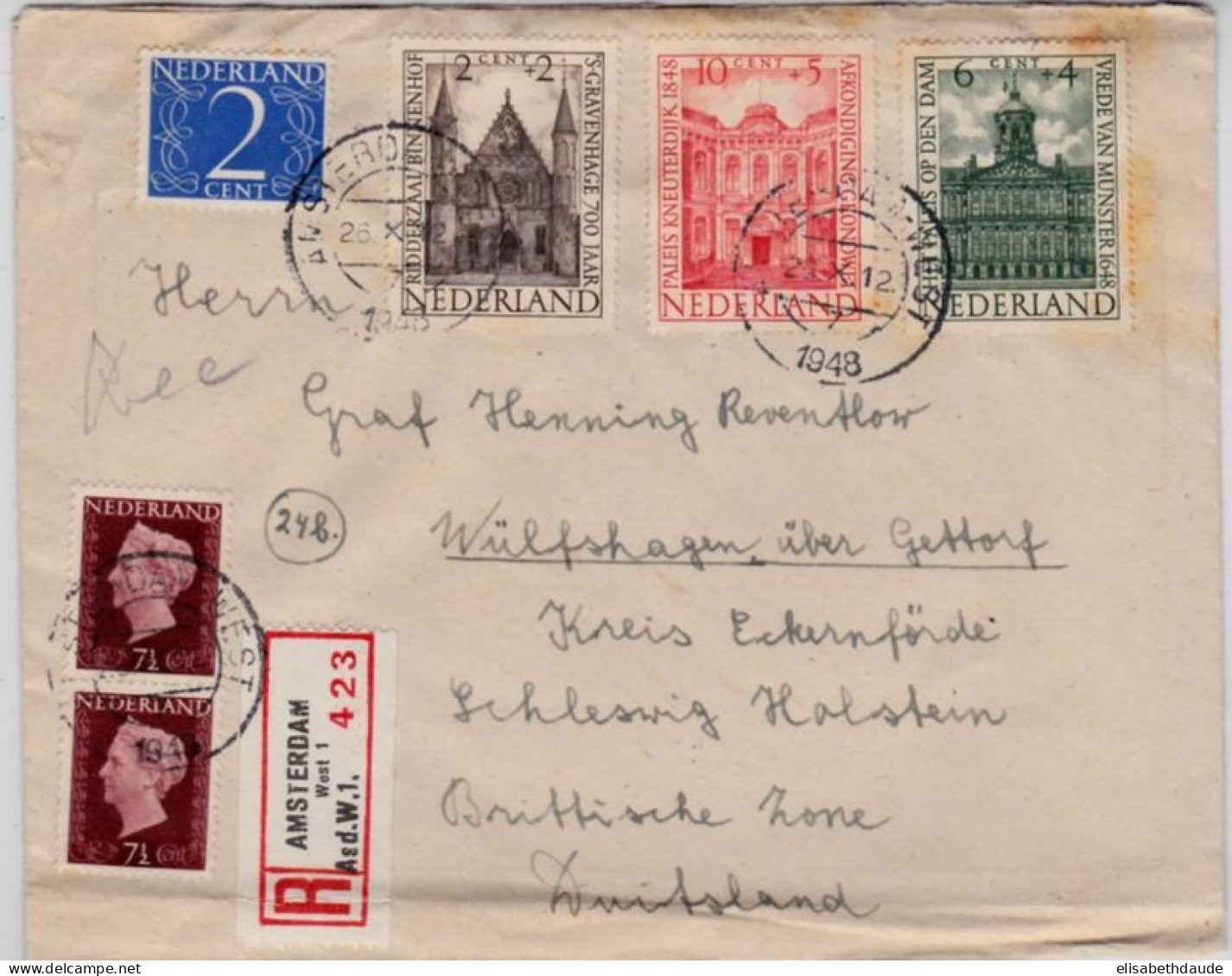 NEDERLAND - 1948 - ENVELOPPE RECOMMANDEE De AMSTERDAM  => WÜLFSHAGEN (ALLEMAGNE ZONE ANGLAISE) - Covers & Documents