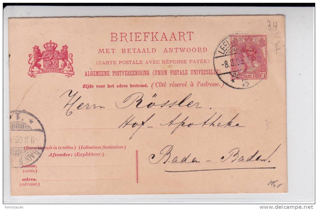 NEDERLAND - 1906 - CARTE POSTALE ENTIER "avec REPONSE PAYEE" - SANS PARTIE REPONSE - De LEEUWARDEN Pour BADEN BADEN - Postal Stationery