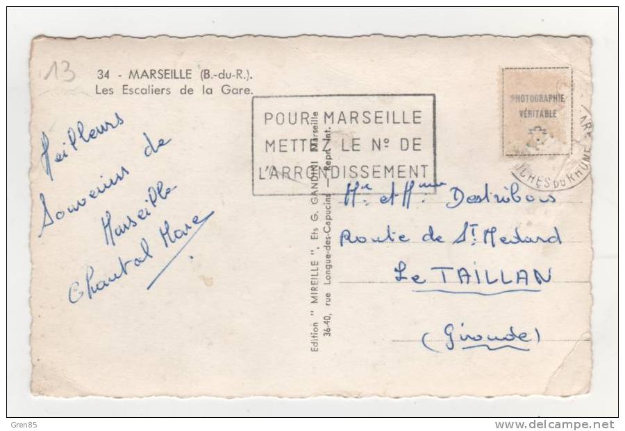 CPSM MARSEILLE, LES ESCALIERS DE LA GARE, Format 9 Cm Sur 14 Cm Environ, BOUCHES DU RHONE 13 - Stazione, Belle De Mai, Plombières