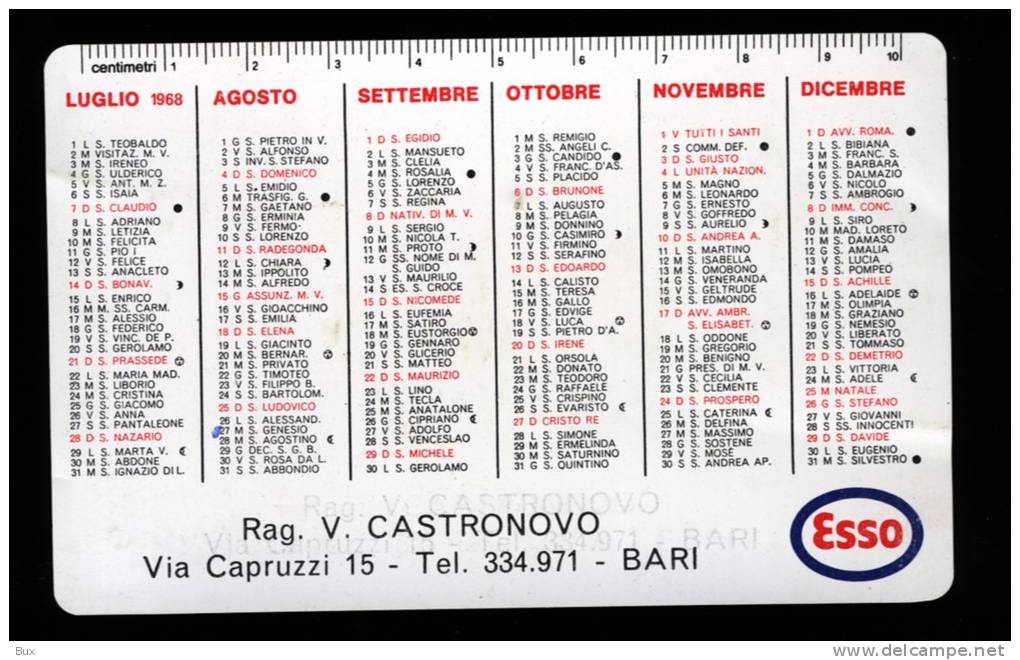 ANNO 1968  ESSO  OIL  BENZINA BARI  CALENDARIETTO IN CELLULOIDE  CALENDARIO CALENDRIER - Petit Format : 1961-70