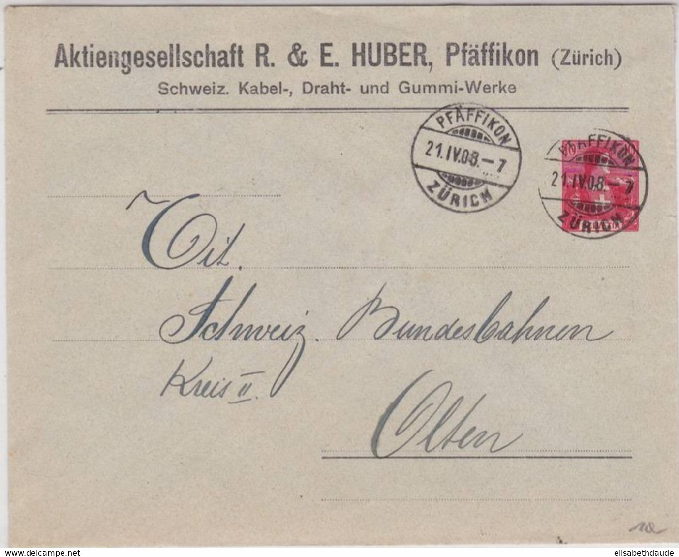 SUISSE - 1908 - ENVELOPPE ENTIER POSTAL Avec REPIQUAGE PRIVE De PFÄFFIKON Pour OLTEN - Stamped Stationery