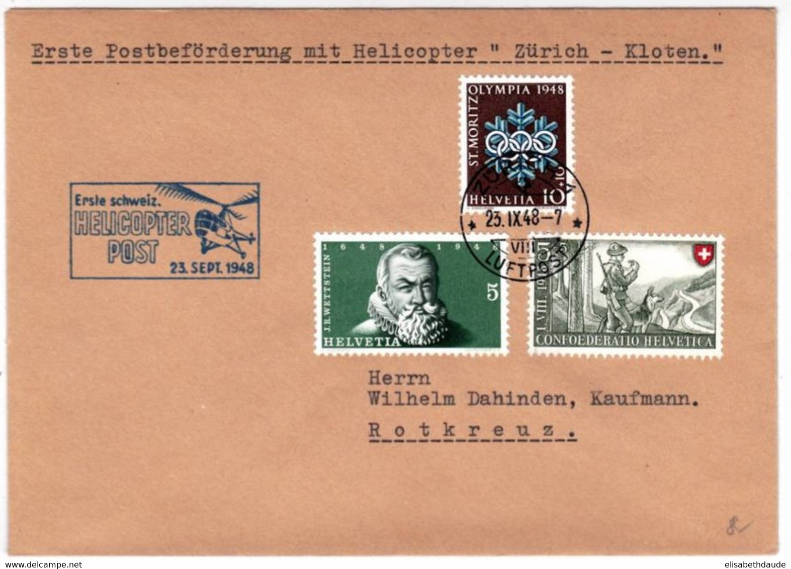 SUISSE - 1948 - 1° VOL POSTAL Par HELICOPTERE - ENVELOPPE De ZÜRICH à KLOTEN - First Flight Covers