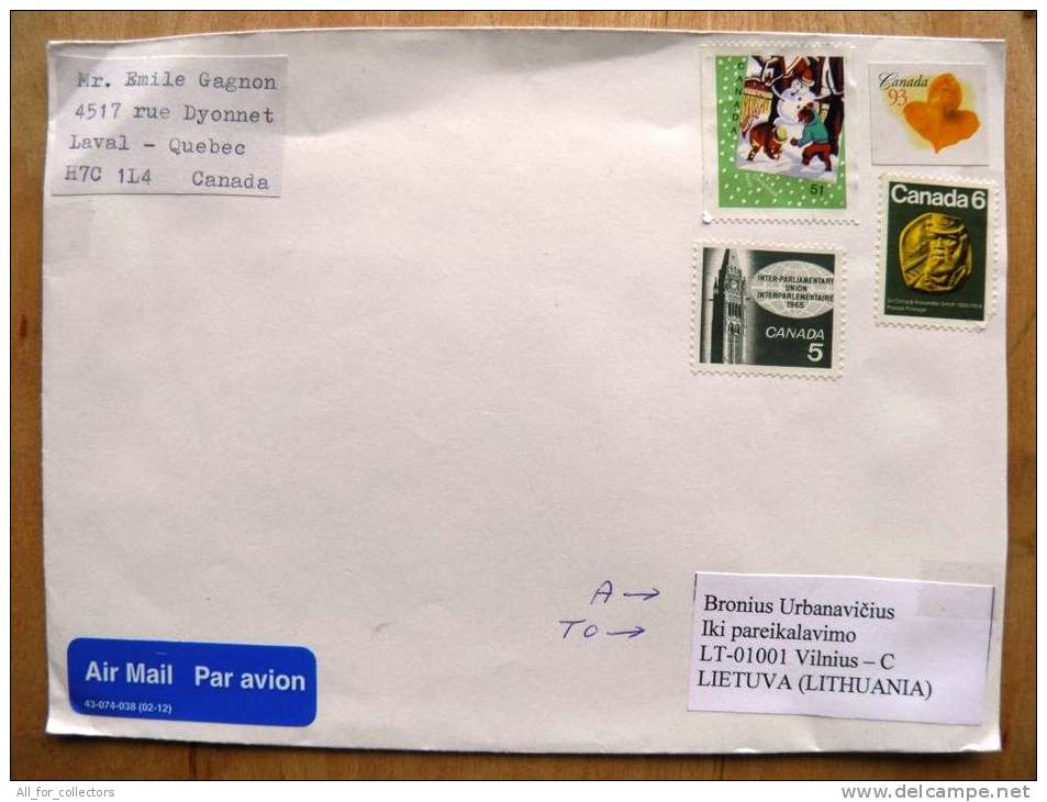 Cover Sent From Canada To Lithuania, Christmas Noel, Snowmen, Flower, - Commemorative Covers