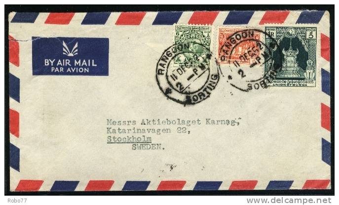 1952 Burma Air Mail Letter, Cover Sent To Sweden. (H159c002) - Myanmar (Birmanie 1948-...)