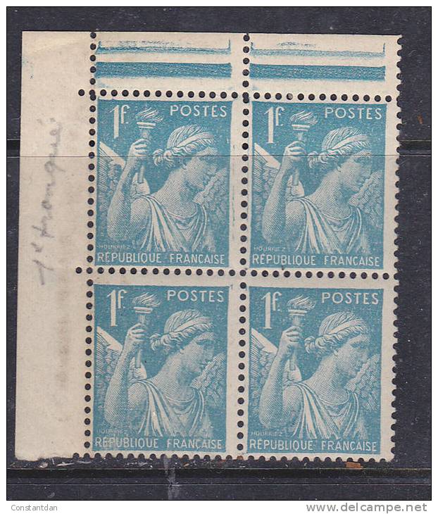 FRANCE N° 650 1F BLEU CLAIR 1 TRONQUE BLOC DE 4 SANS CHARNIERE - Unused Stamps