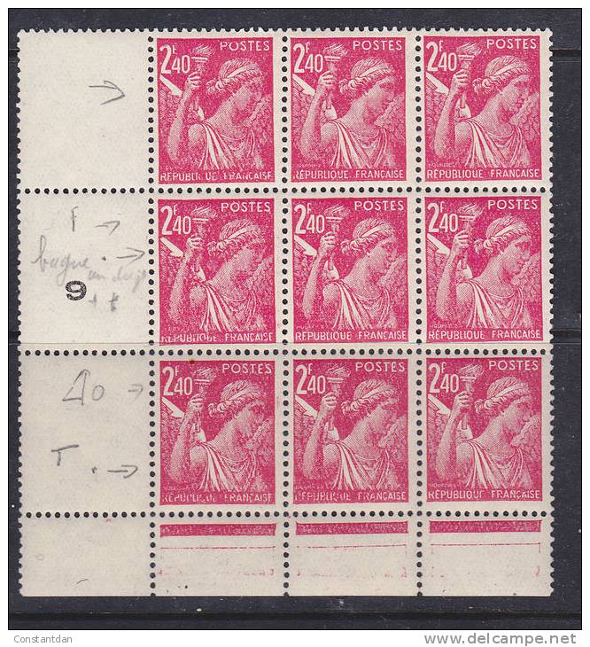FRANCE N° 654 2.40 ROSE CARMINE TYPE IRIS BLOC 9 VARIETES DIVERSES DONT 4 TRONQUE BAGUE AU DOIGT POINT APRES LE T DE POS - Unused Stamps
