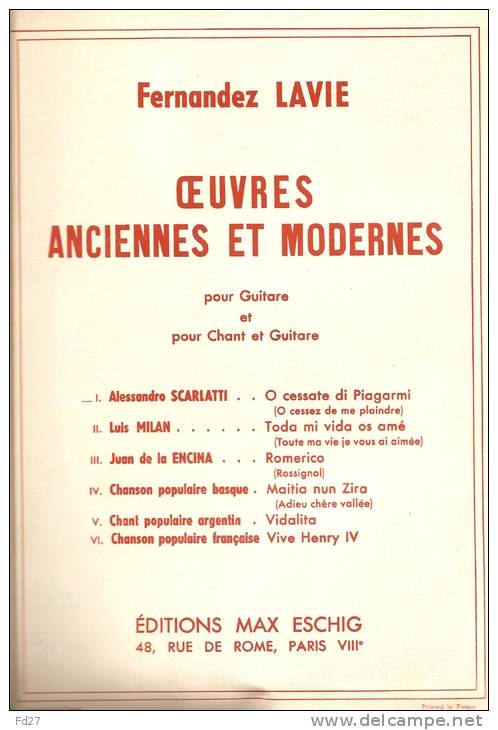 PARTITION DE FERNANDEZ LAVIE: OEUVRES ANCIENNES ET MODERNES - POUR GUITARE ET CHANT ET GUITARE - J-L