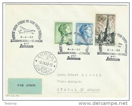 1ière Liaison Aérienne Fokker  Luxembourg-Zurich  6.IV.1963 - Covers & Documents