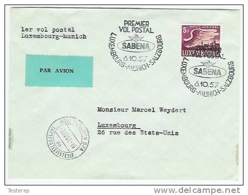 Airmail 1er Vol Postal Luxembourg-Munich-Salzburg  SABENA 6.10.1957 - Lettres & Documents