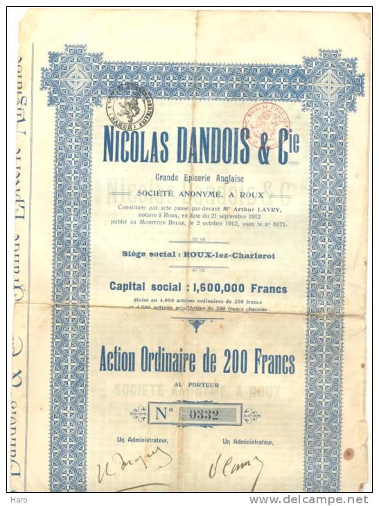 Action - Nicolas DANDOIS & Cie - Grande Epicerie Anglaise - ROUX - Lez - CHARLEROI 1912 (b88) - D - F