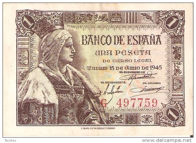 BILLETE DE ESPAÑA DE 1 PTA DEL 15/06/1945 ISABEL LA CATÓLICA SERIE G (BANK NOTE) - 1-2 Pesetas
