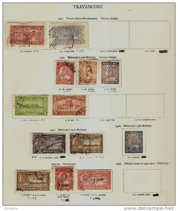 INDIA - TRAVANCORE SMALL 1937-1944 FINE USED COLLECTION ON 2 PRINTED ALBUM PAGES Cat £19.45 - Travancore