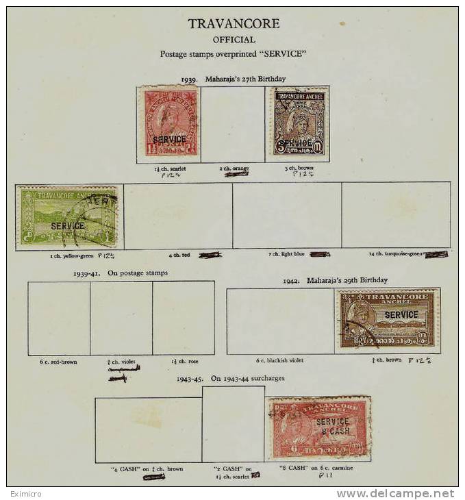 INDIA - TRAVANCORE SMALL 1937-1944 FINE USED COLLECTION ON 2 PRINTED ALBUM PAGES Cat £19.45 - Travancore