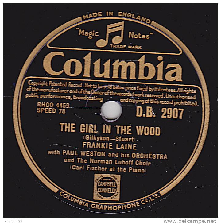 78 Tours - Columbia D.B. 2907 - FRANKIE LAINE - THE GIRL IN THE WOOD - WONDERFUL, WASN´T IT - 78 T - Disques Pour Gramophone