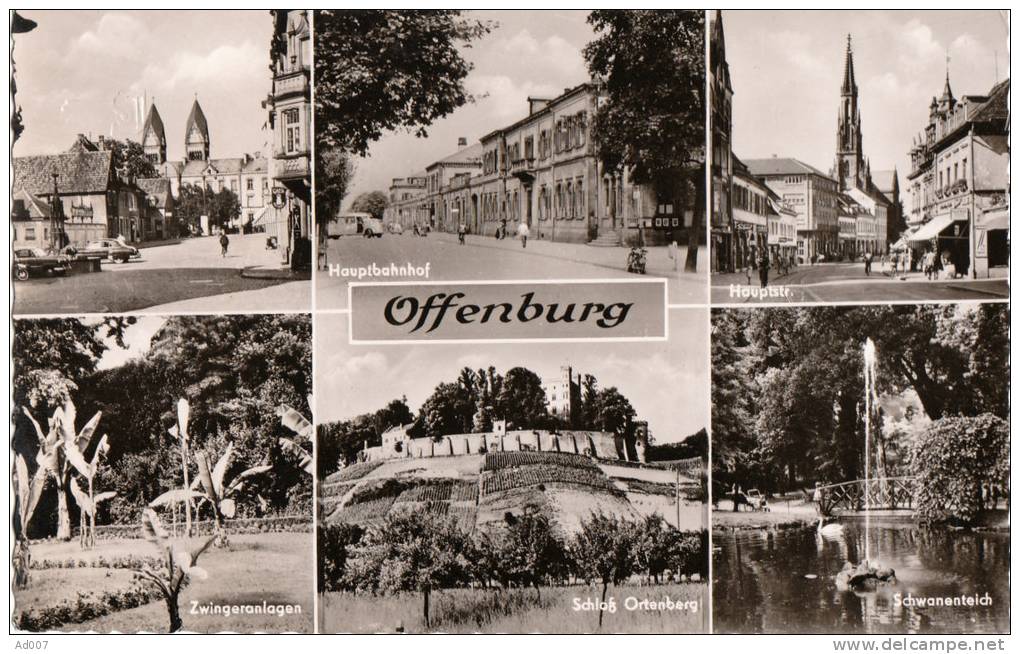 OFFENBURG (Bade-Wurtemberg - Allemagne) - CPSM - 6 Vues : Hauptbahnhof, Haupstr., Schloss Ortenberg - Offenburg