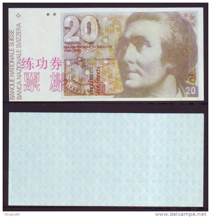 (Replica)China BOC Bank Training/test Banknote,Switzerland Schweiz A Series (yellow Gr)20 SFR Note Specimen Overprint - Suisse