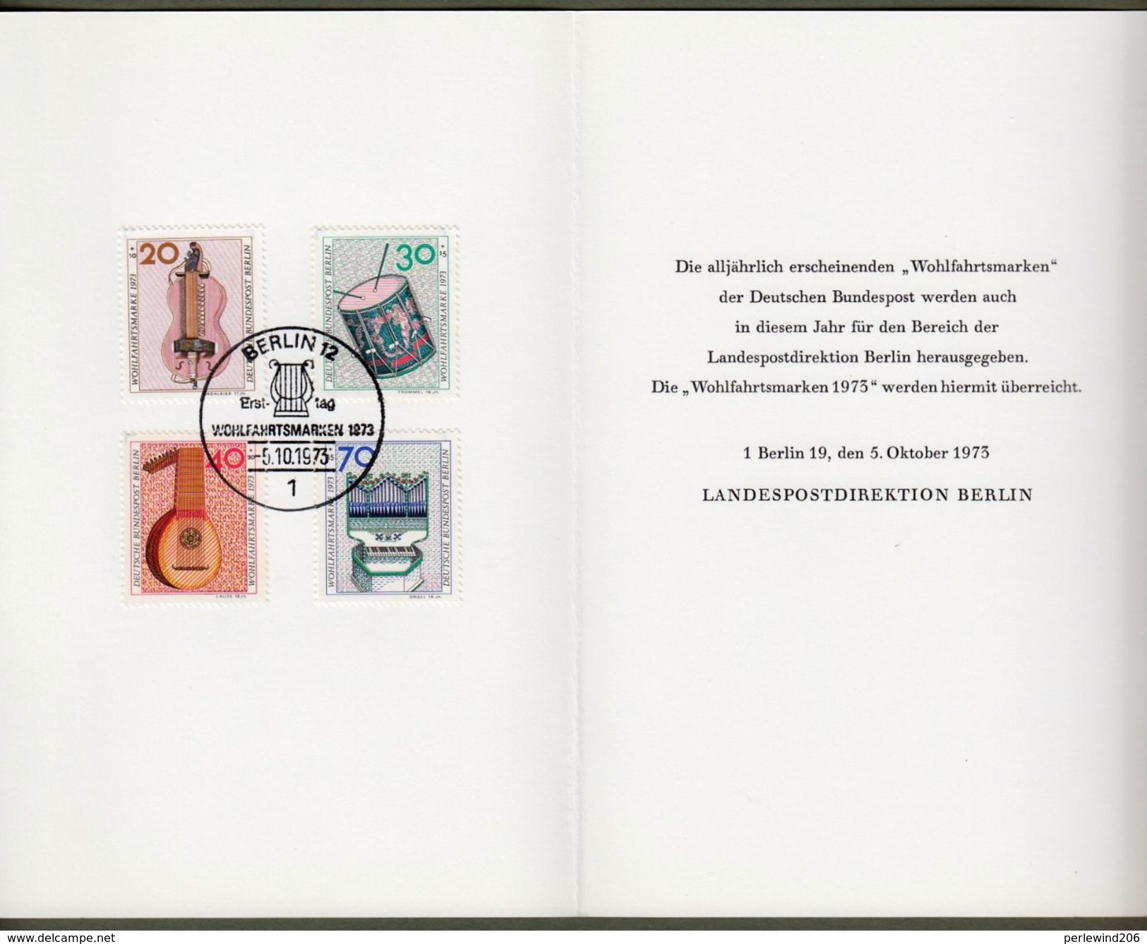Berlin: Minister Card - Ministerkarte Typ 4L, LPD Berlin, Mi-Nr. 459-62, " Wohlfahrt 1973: Musikinstrumente " RR !  X - Lettres & Documents