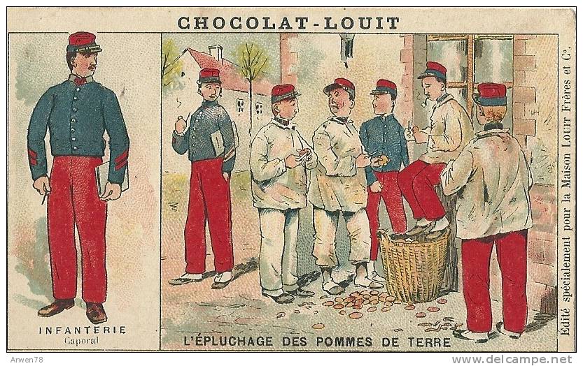 Chromo Chocolat Louit Militaire Infanterie Epluchage Des Pommes De Terre - Louit