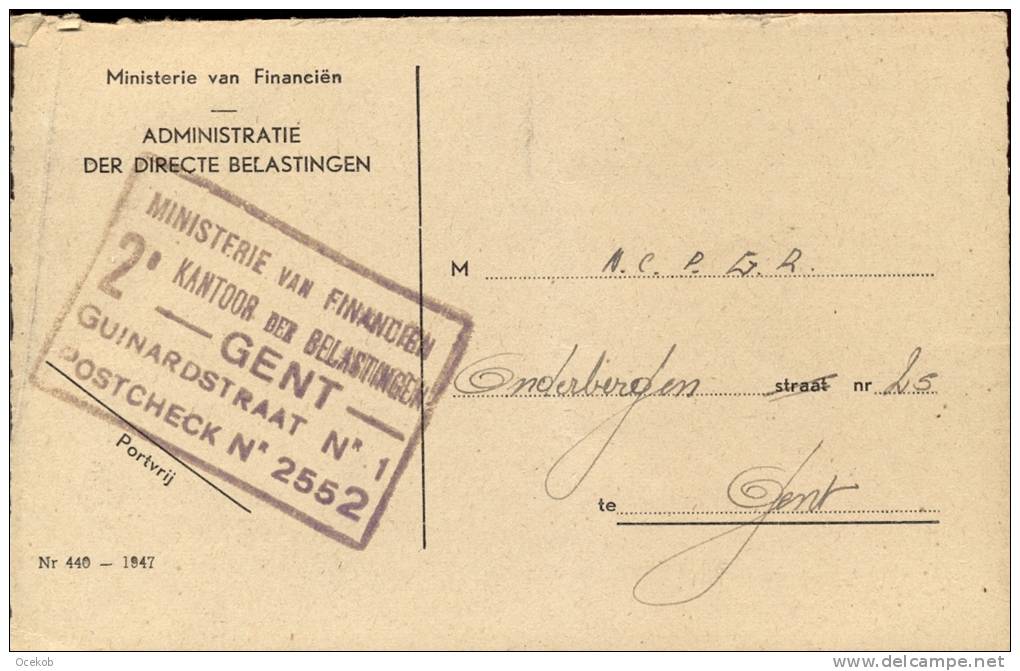 Briefkaart Kantoor Belastingen Gent 1949 - ( 2 Scans ) - Sonstige & Ohne Zuordnung