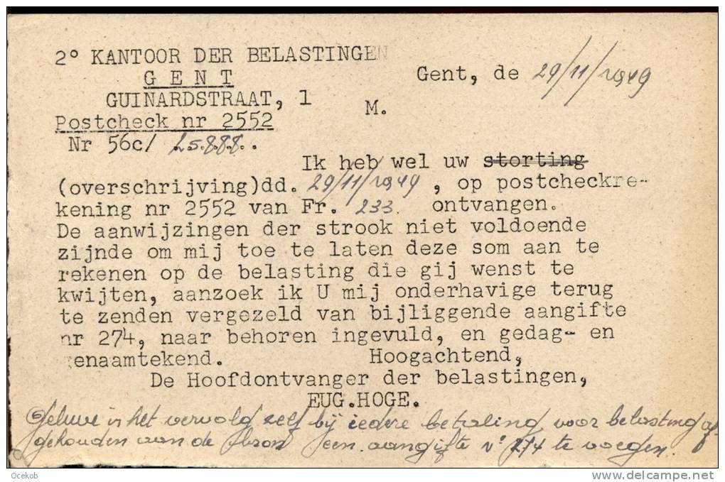 Briefkaart Kantoor Belastingen Gent 1949 - ( 2 Scans ) - Other & Unclassified