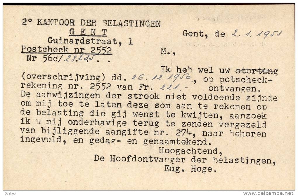 Briefkaart Kantoor Belastingen Gent 1951 - - Sonstige & Ohne Zuordnung