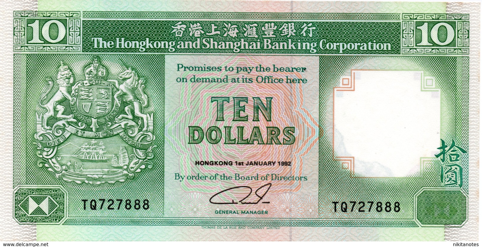 Hong Kong 10 $ Dollars XF 1/01/1992 See Scan - Hong Kong