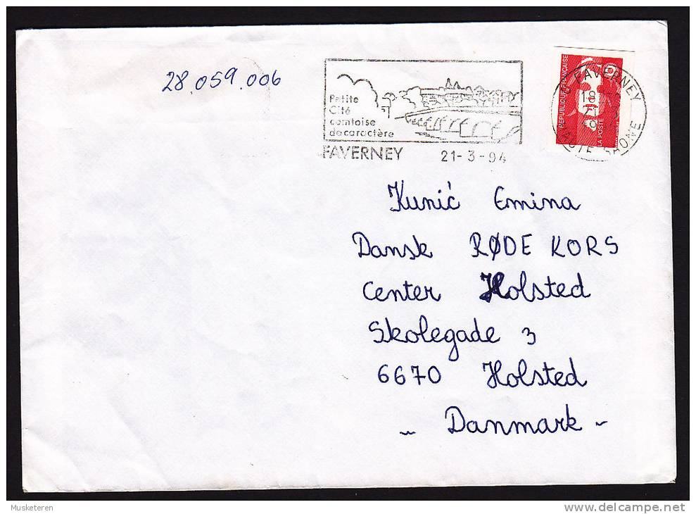 France FAVERNEY (Haute Saone) Slogan Cancel Cover 1994 To Croix Rouge HOLSTED Danemark Marianne Imperf. - Lettres & Documents