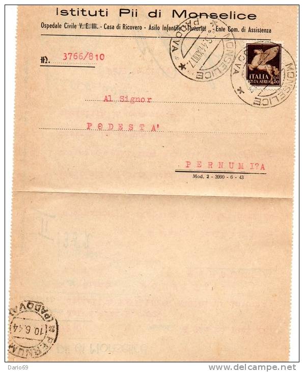 1944 LETTERA CON ANNULLO MONSELICE PADOVA - Storia Postale (Posta Aerea)