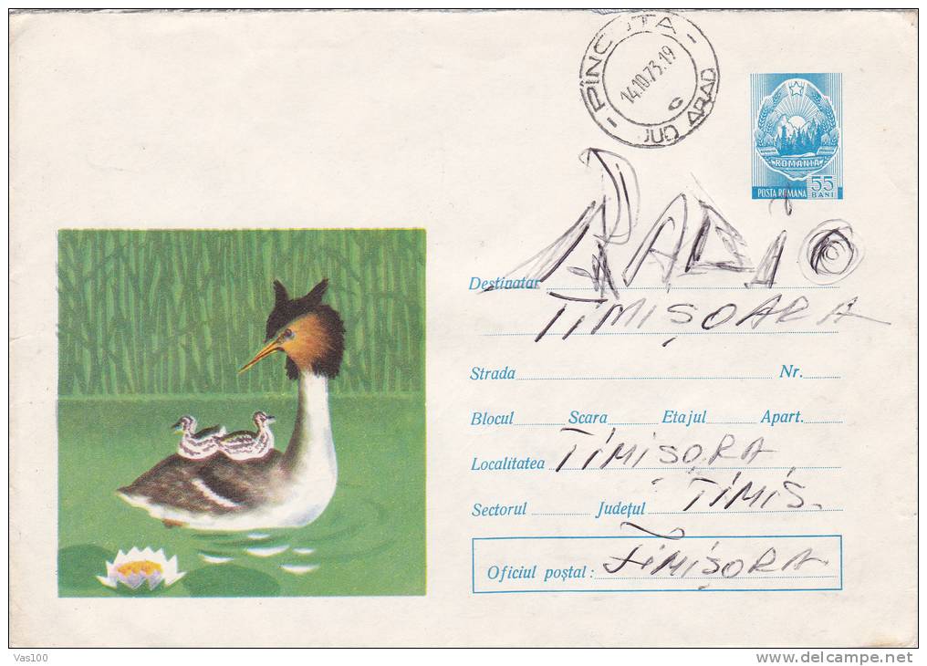 DUCK, CYGNES, 1972, COVER STATIONERY, ENTIER POSTAL, SENT TO MAIL, ROMANIA - Swans