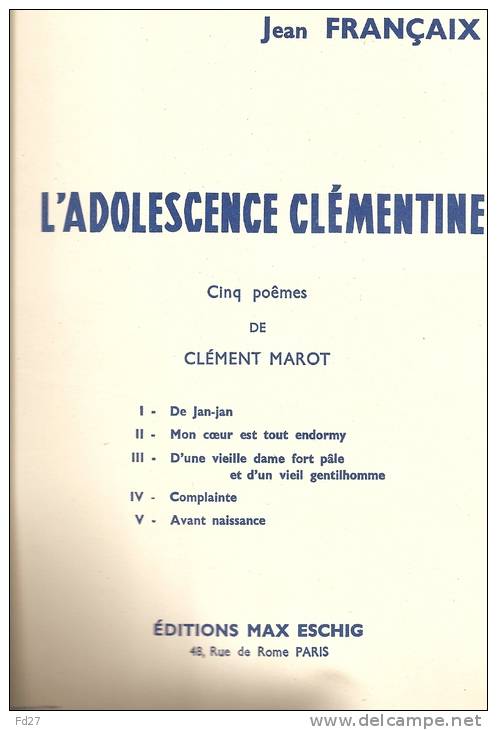 PARTITION DE JEAN FRANCAIX: L'ADOLESCENCE CLEMENTINE - D-F