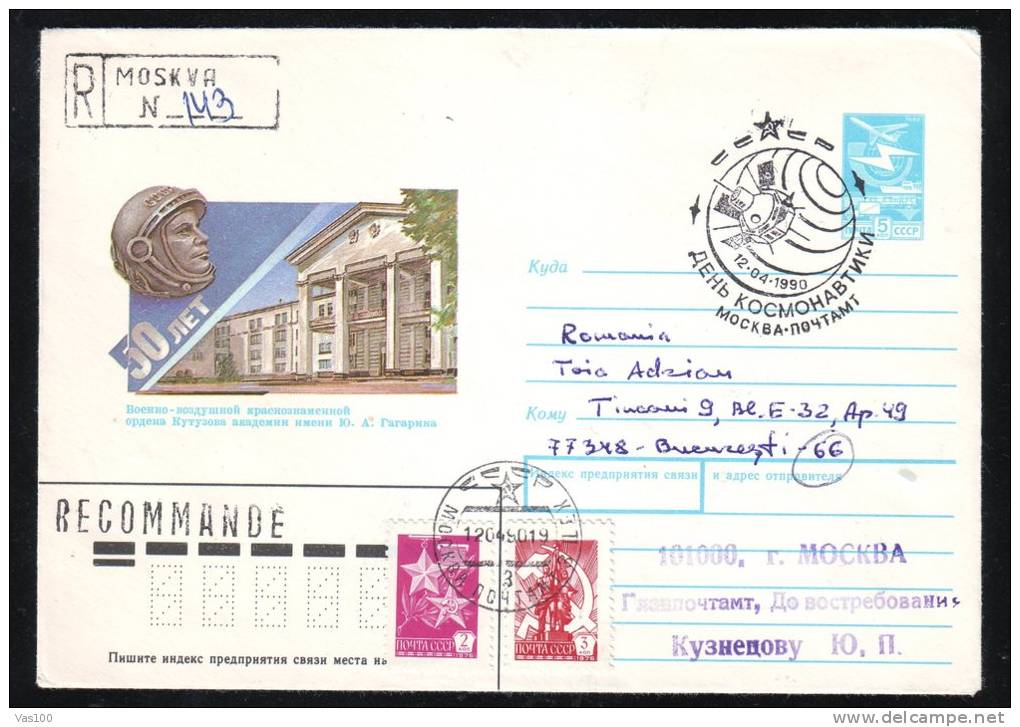 COSMONAUT, GAGARIN, 1989, REGISTRED COVER STATIONERY, ENTIER POSTAL, OBLITERATION CONCORDANTE, RUSSIA - Asia