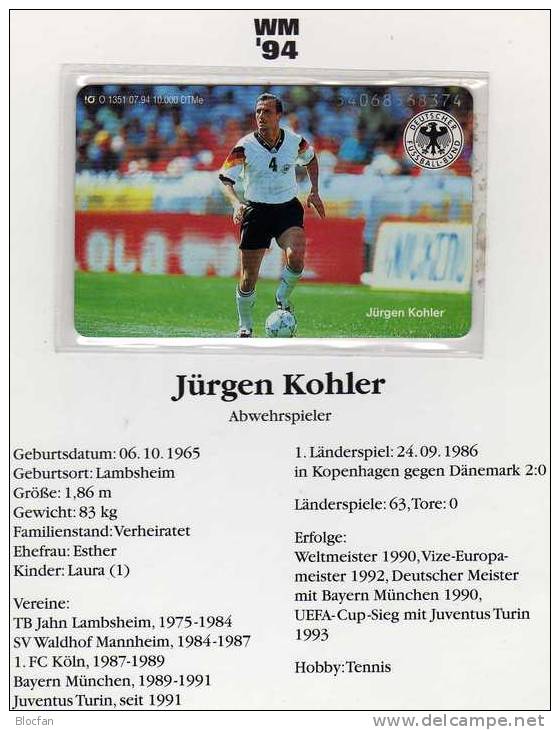 TK O 1351/94 Folder O 16€ Fussball National-Spieler Jürgen Kohler BRD FIFA-WM USA Soccer Champion 90 Telecard Of Germany - Sport