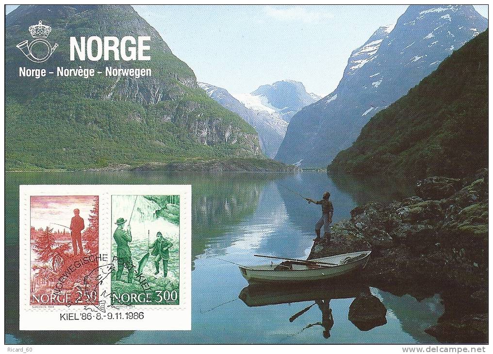 Carte Maximum Norvège, Exposition Philatélique Kiel 1986, Pêche Au Saumon Dans Le Fjord, 8-9-11-1986 - Maximumkaarten