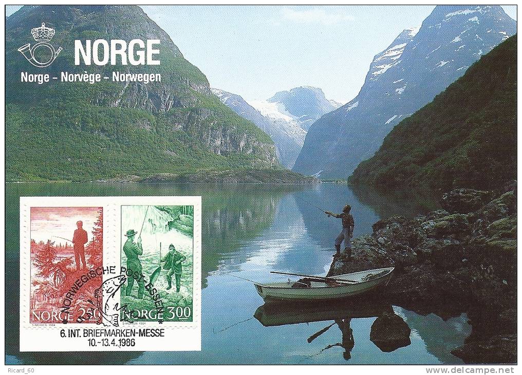 Carte Maximum Norvège, Exposition Philatélique Essen 1986, Pêche Au Saumon Dans Le Fjord, 10-13-4-1986 - Maximumkaarten