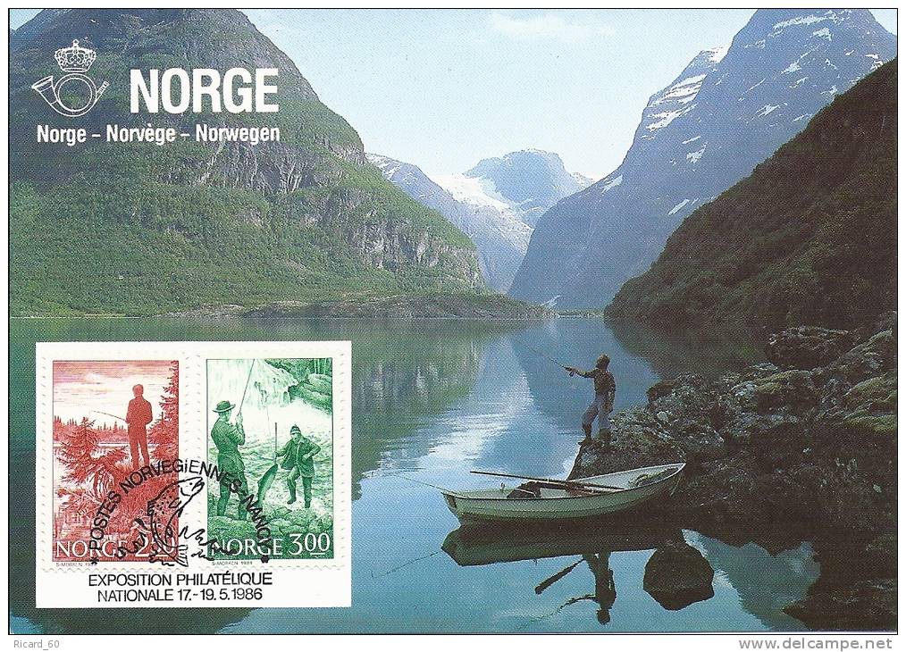 Carte Maximum Norvège, Exposition Philatélique Nancy 1986, Pêche Au Saumon Dans Le Fjord, 17-19-5-1986 - Maximumkaarten